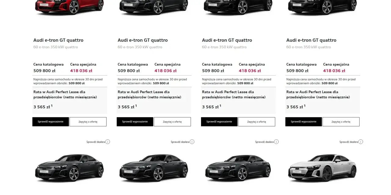 Audi e-tron GT quattro w kolorach: czerwonym, czarnym i białym. Oferty leasingowe dla firm.