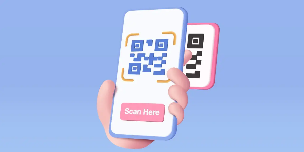 Dłoń trzyma smartfon z kodem QR i przyciskiem "Scan Here". Dowiedz się, jak zeskanować kod QR ze zdjęcia.