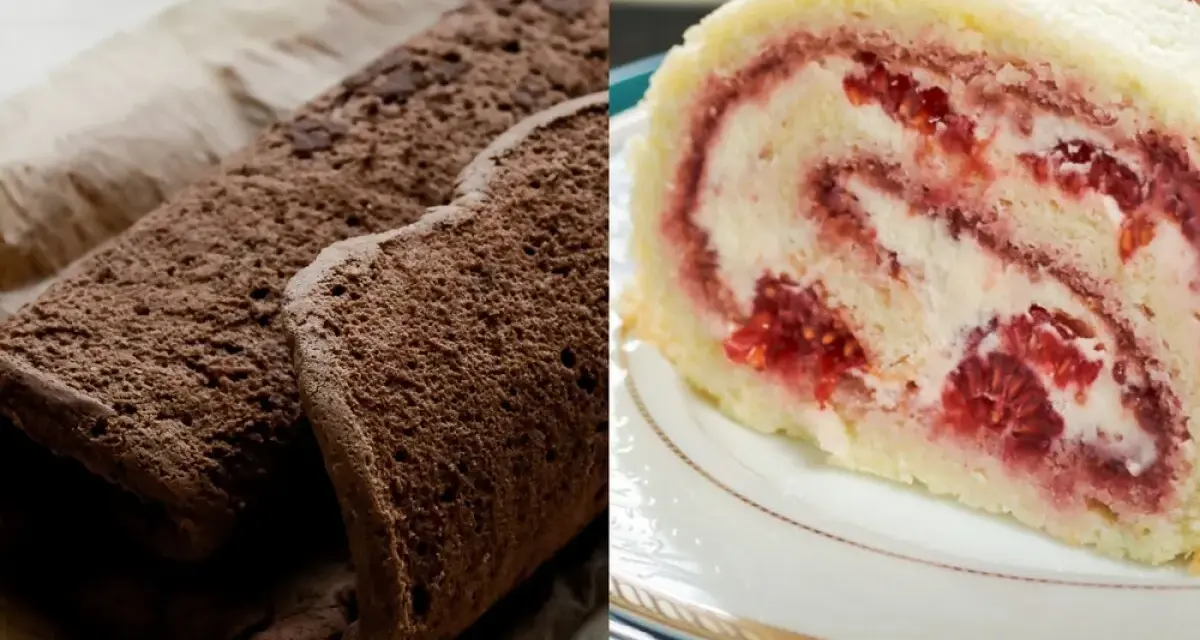 Dwa ciasta: ciemna rolada biszkoptowa na blachę z piekarnika i jasna rolada z malinami i kremem.
