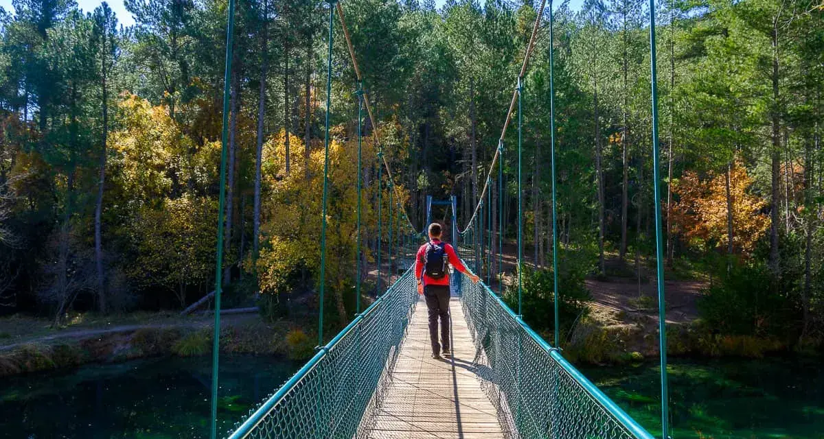 Senderista cruza puente colgante sobre el río, camino al Salto de Poveda y la Laguna de Taravilla. Bosque otoñal.