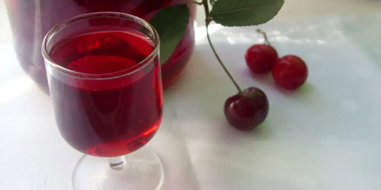 Szklaneczka nalewki z wiśni, obok świeże owoce i gałązka. Pyszny alkohol z wiśni.