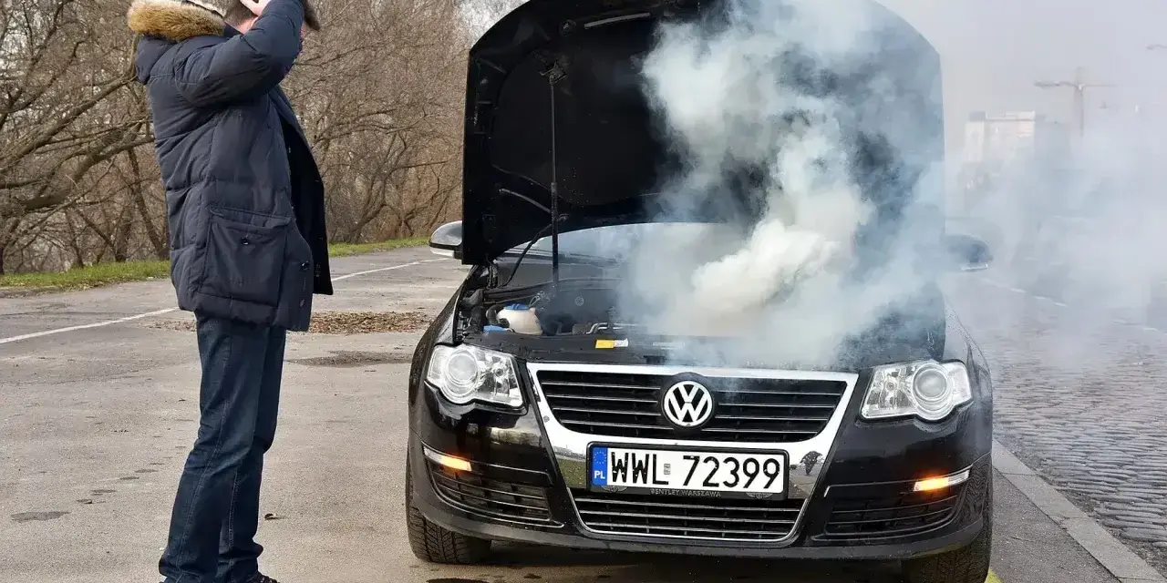 Mężczyzna z przerażeniem patrzy na dymiący silnik swojego Volkswagena. To typowe objawy zatarty silnik.