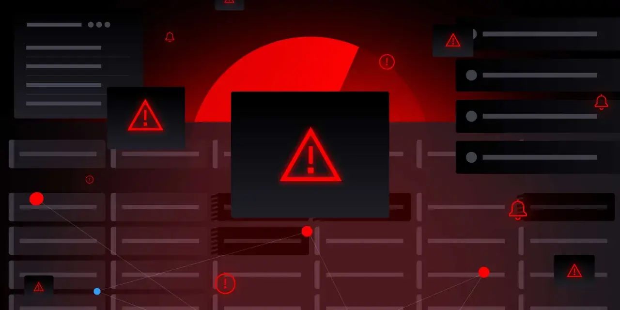 A dark, abstract interface with multiple red warning signs and notification icons, illustrating the concept of false positive security alerts.