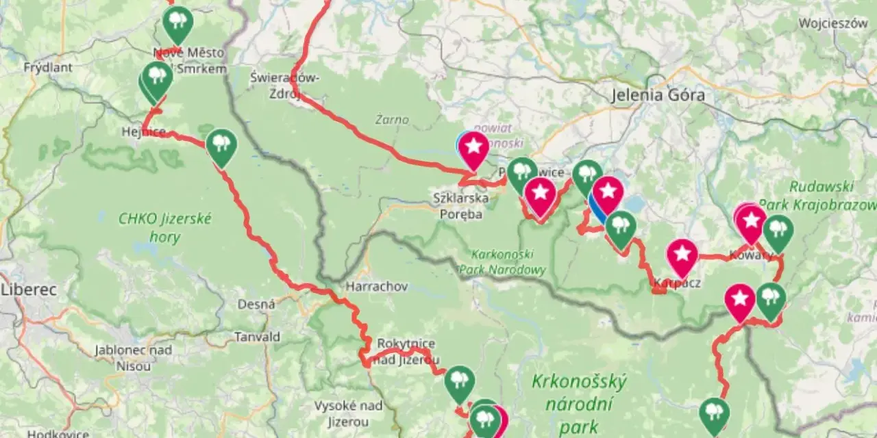 Trasa rowerowa przez Sudety i Karkonosze, z zaznaczonymi punktami w parkach narodowych i krajobrazowych.