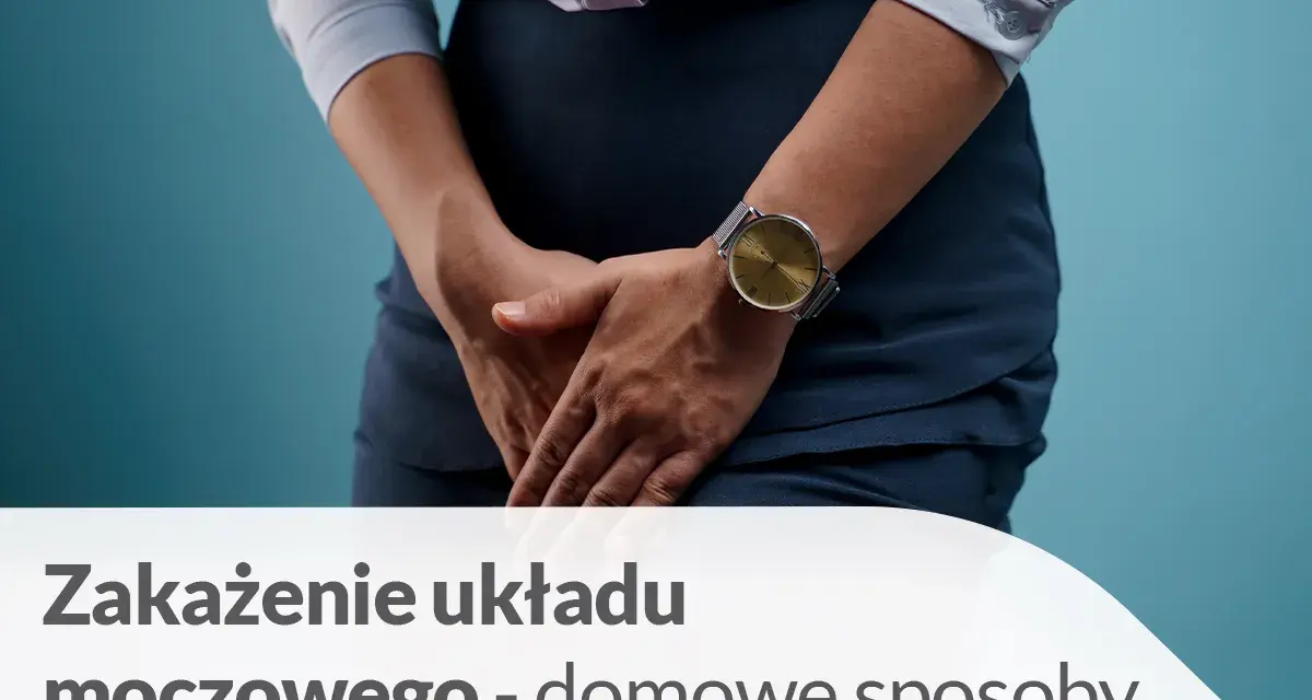 Kobieta z rękami skrzyżowanymi na podbrzuszu, sugerująca dyskomfort. Szuka informacji: co na zapalenie cewki moczowej bez recepty.