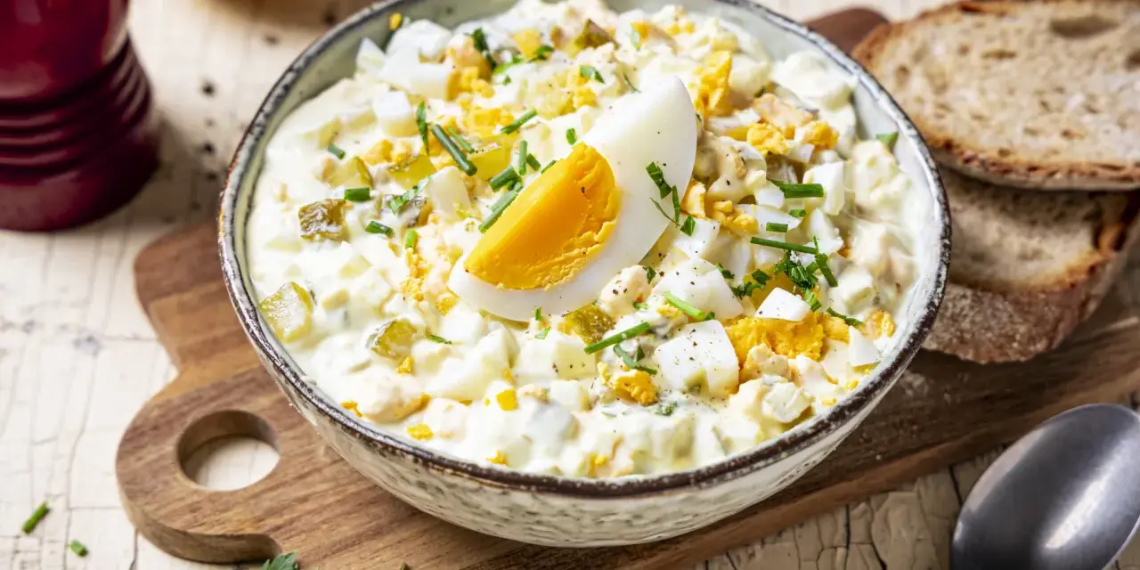 Cremiger Eiersalat mit Gurken und Kräutern, garniert mit einem Ei-Viertel. Ein köstliches eiersalat rezept für jede Gelegenheit.