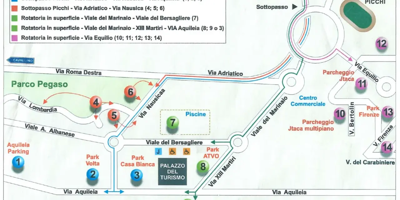 Mappa di Jesolo Venezia con indicazioni stradali, parchi, parcheggi e punti di interesse.