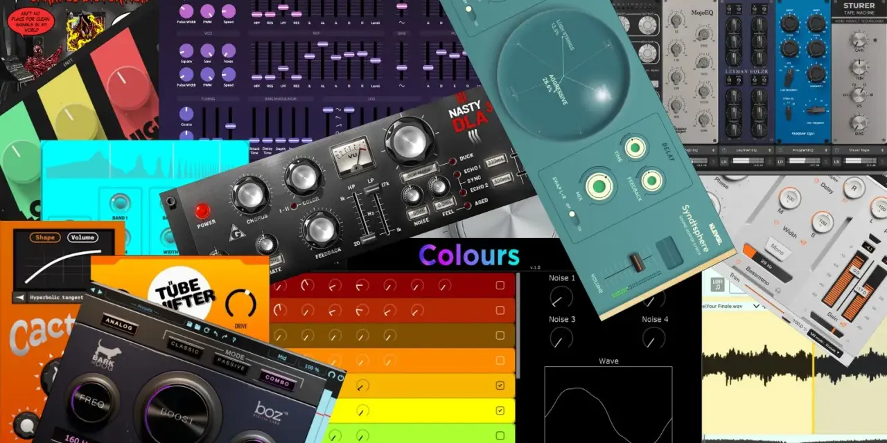 Kollektion von **free VSTs** mit bunten Benutzeroberflächen, von Verzerrern bis zu Synthesizern.