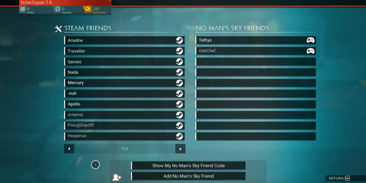 Interfejs gry No Man's Sky z listą znajomych Steam i No Man's Sky, pokazujący możliwości crossplay.