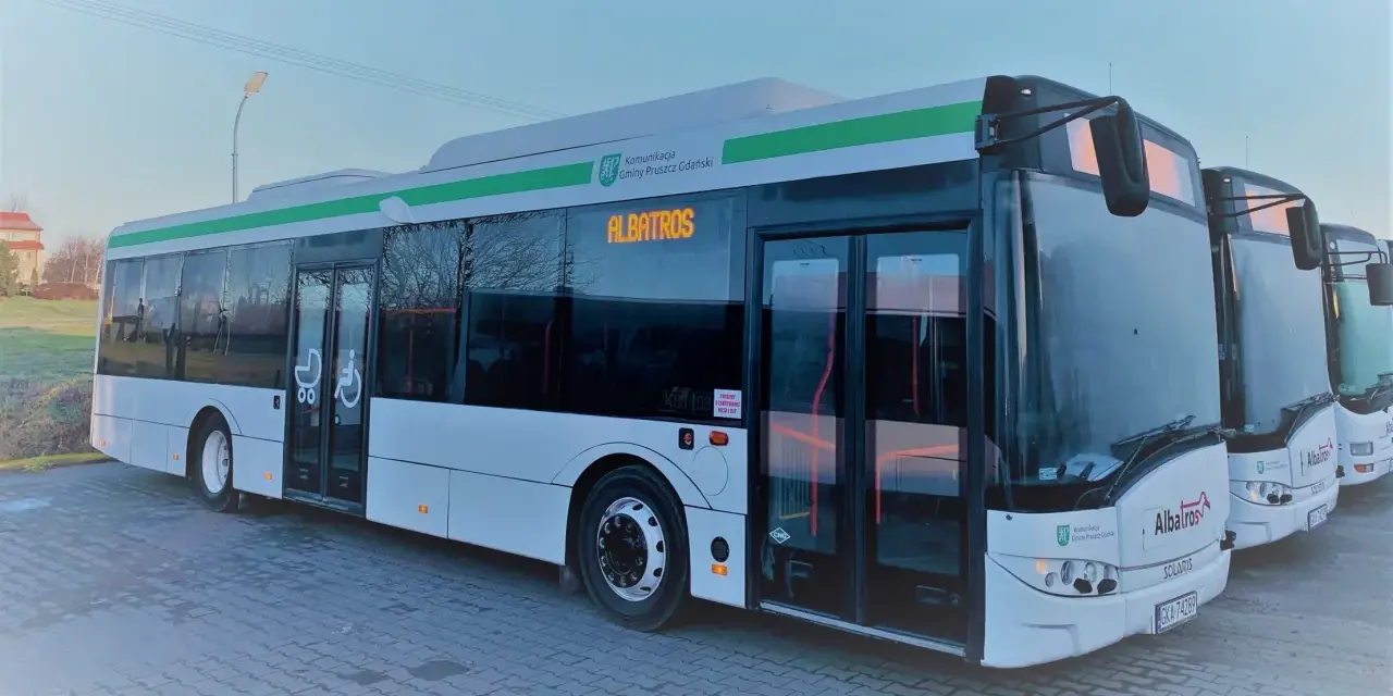 Autobusy Albatros stojące w rzędzie. Na wyświetlaczu widnieje napis "ALBATROS".