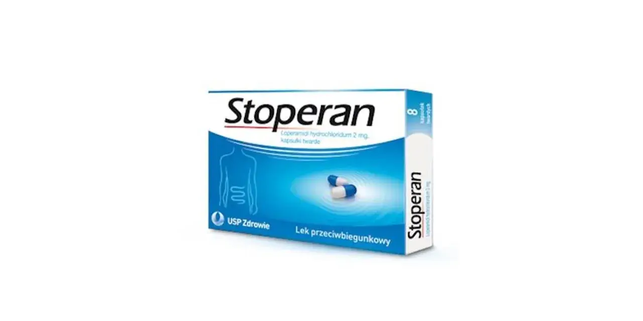 Opakowanie leku Stoperan, zawierające 8 kapsułek. Informacje o stoperan dawkowanie i składzie.