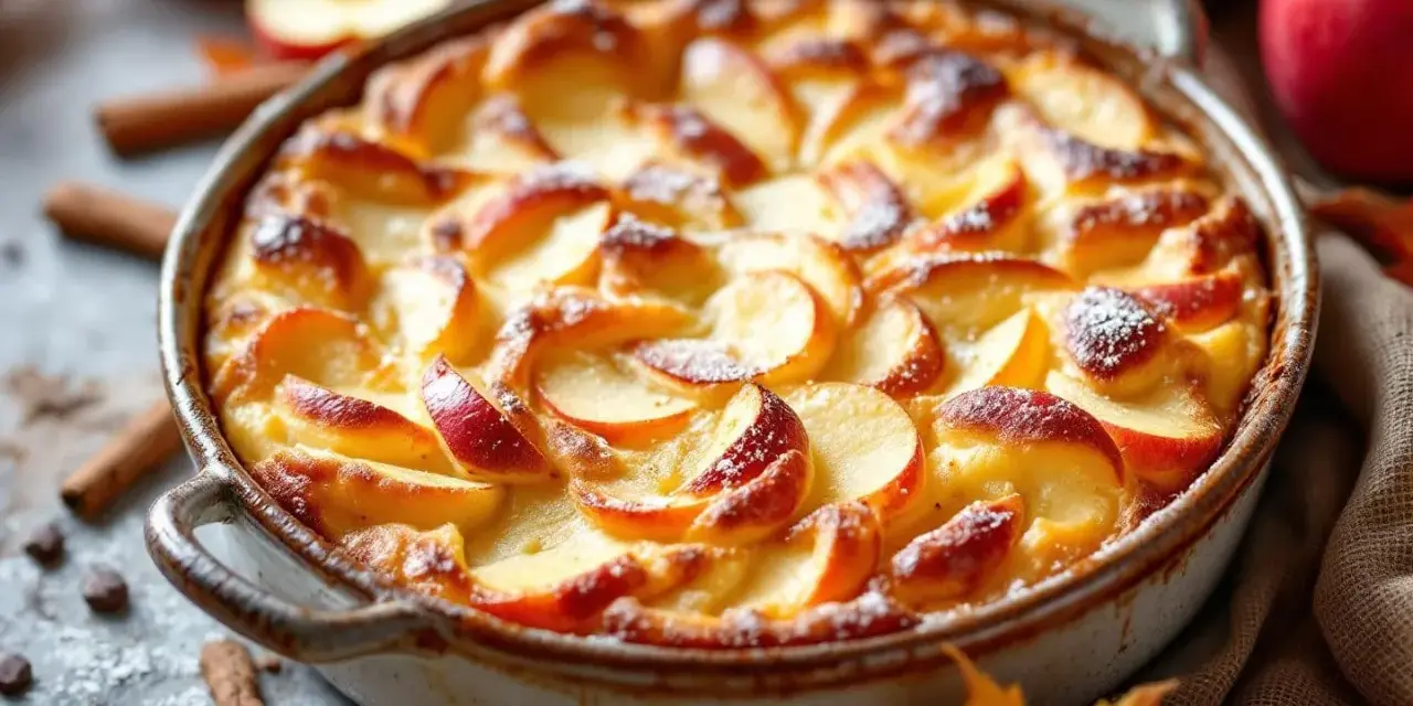 Un délicieux flan aux pommes, doré et saupoudré de sucre glace, prêt à être dégusté. Des pommes fraîches et des bâtons de cannelle l'entourent.