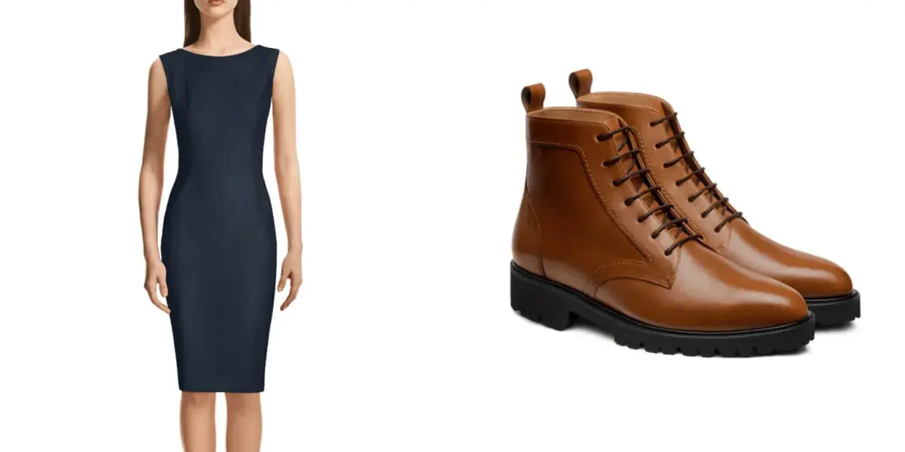 Mujer con vestido azul marino y un par de botas cortas de cuero marrón. Un look casual con vestidos y botas cortas.