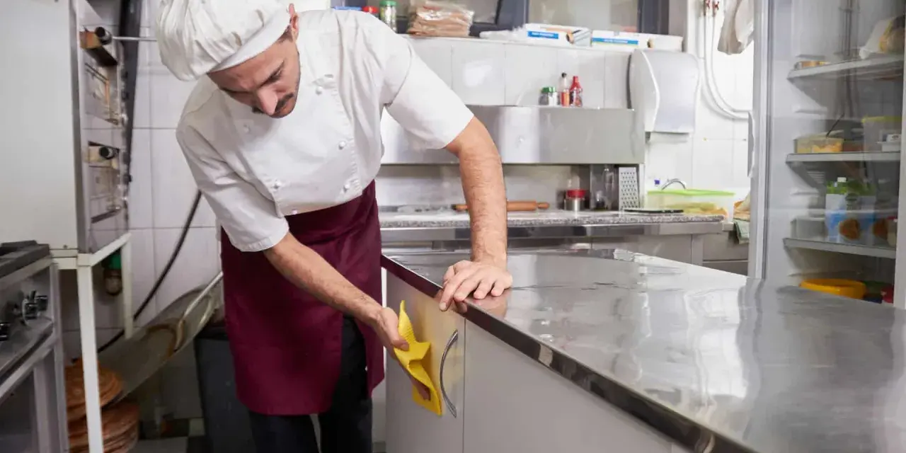 Cocinero con delantal limpiando encimera de acero inoxidable. Esencial para la limpieza de restaurantes.