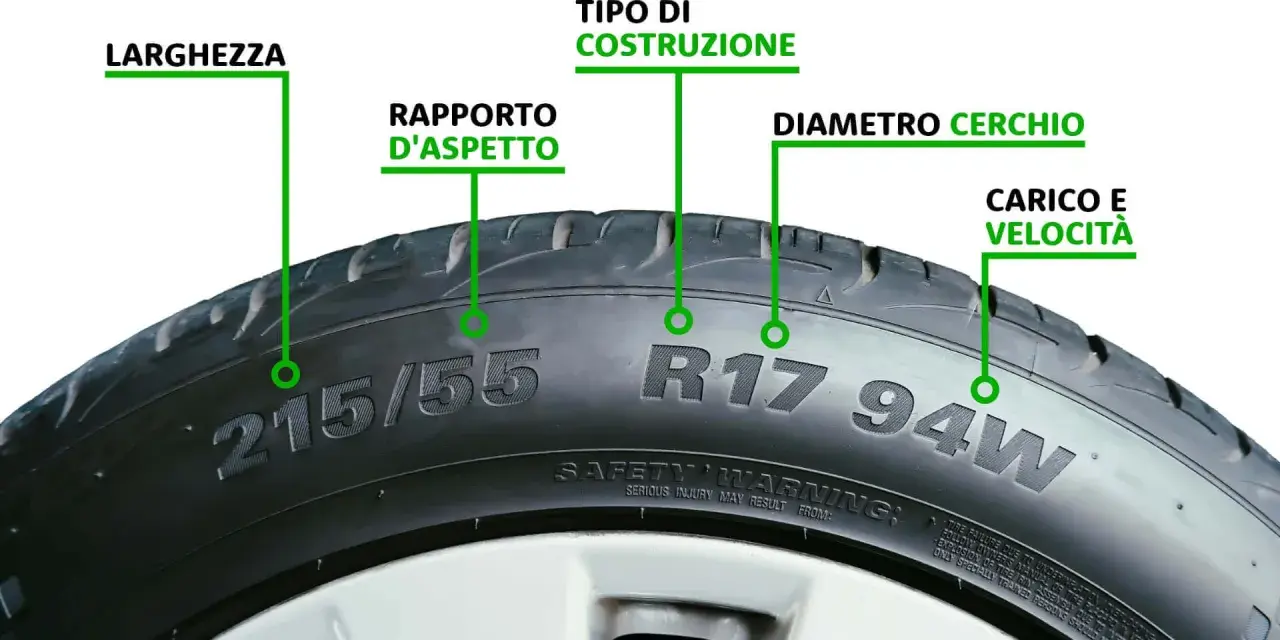 Dettagli sulle misure pneumatici: larghezza, rapporto d'aspetto, tipo di costruzione, diametro cerchio, carico e velocità.