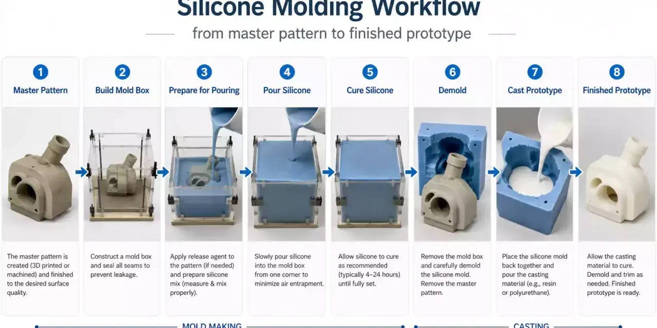 Workflow for how to make a silicon mold: Master pattern, build box, pour silicone, cure, demold, cast prototype, and finish.