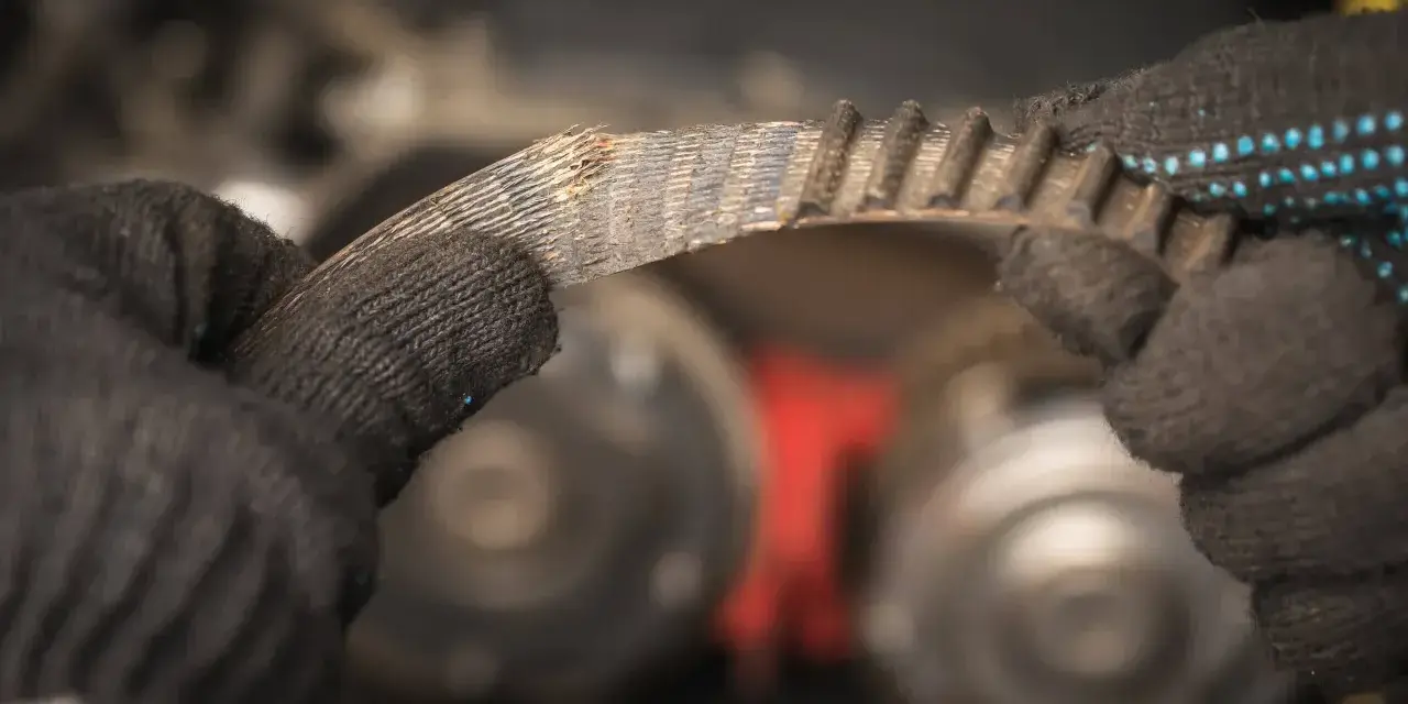 Zużyty, piszczący pasek napędowy w rękach mechanika. Widać postrzępione krawędzie i zużyte zęby, co sugeruje potrzebę wymiany.