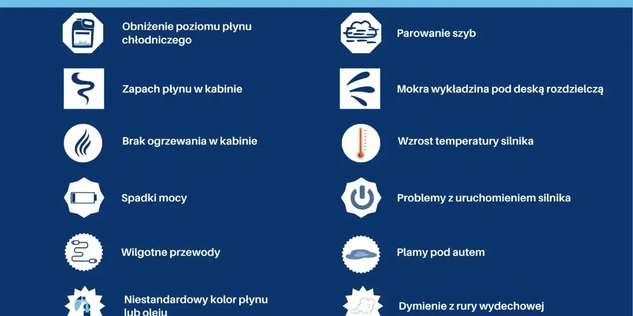 Objawy wycieku płynu chłodniczego: obniżony poziom, zapach w kabinie, parowanie szyb, mokra wykładzina, wzrost temperatury silnika, spadki mocy, problemy z uruchomieniem, plamy pod autem, dymienie.