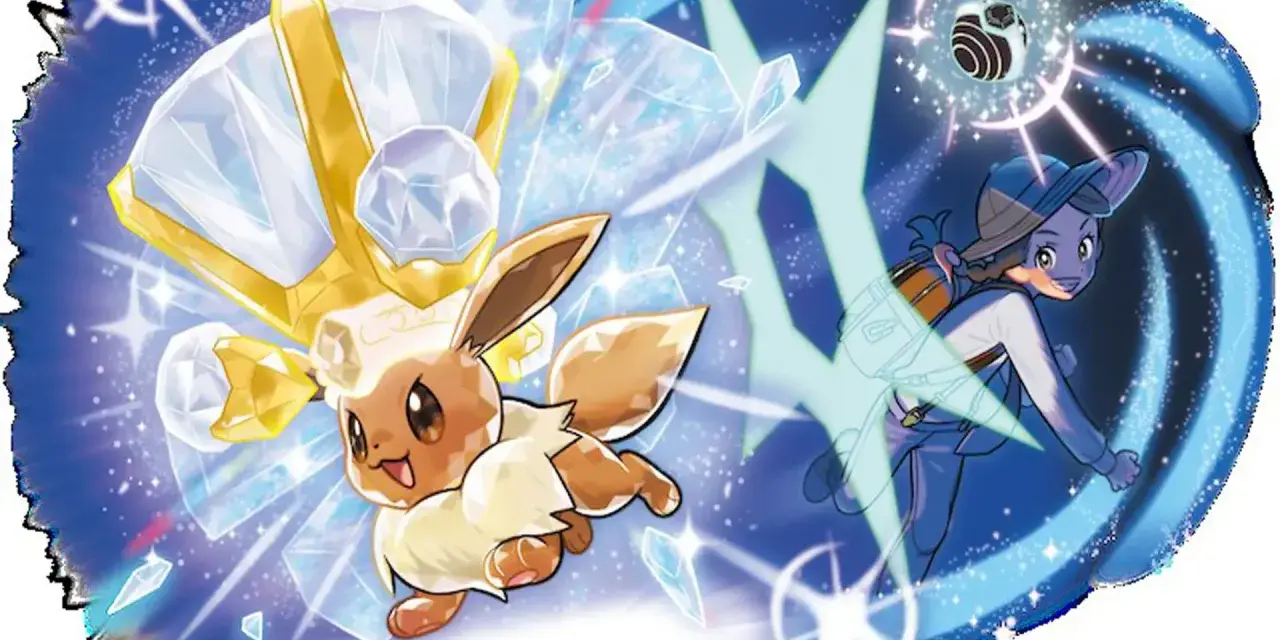 Eevee con corona de diamantes y oro, listo para cambiar teratipo pokemon. Una entrenadora sonríe, rodeada de energía azul y cristales.