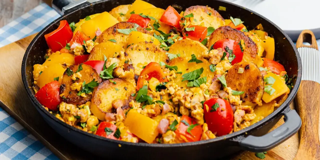 Herzhafte bauernpfanne mit kartoffeln und ei, garniert mit frischer Petersilie und bunten Paprikastücken. Ein deftiges Gericht direkt aus der Pfanne.