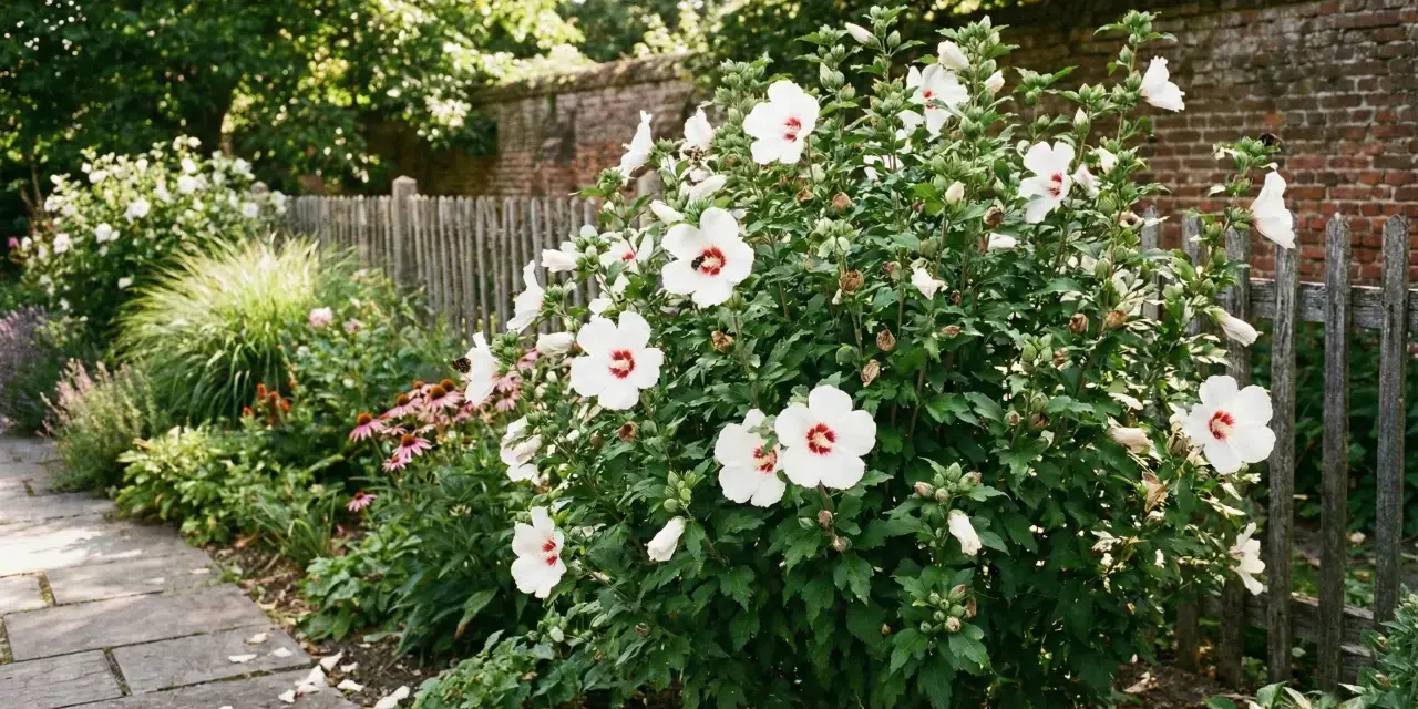 Piękny krzew hibiskusa ogrodowego z białymi kwiatami i czerwonymi środkami, kwitnący obok drewnianego płotu. Idealny czas, kiedy sadzić hibiskusa ogrodowego, to wiosna lub jesień.