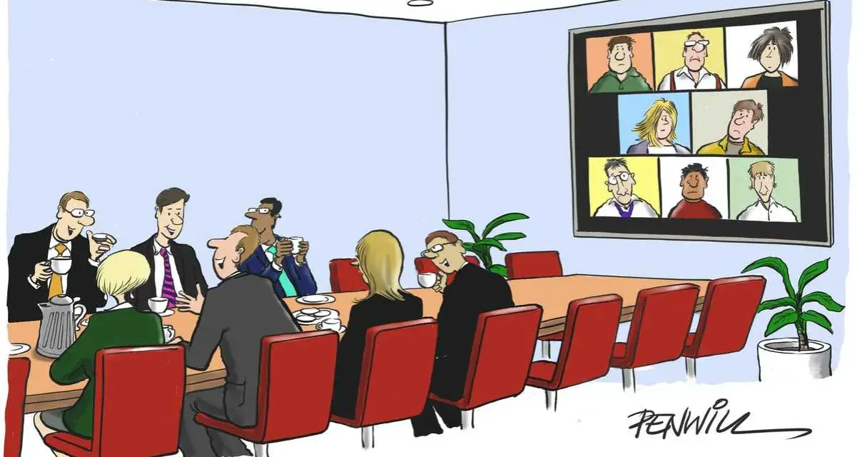 Cartoon of an executive board meeting with some members in person and others on a video call, humorously questioning the setup.