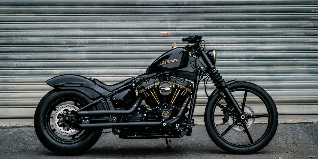 Czarny, klasyczny motocykl Harley-Davidson z błyszczącym lakierem i złotymi akcentami na silniku, gotowy na drogę.