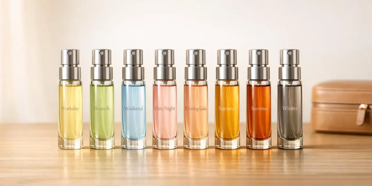 Kolekcja **christopher dark perfumy** w małych buteleczkach: Workday, Brunch, Weekend, Date Night, Evening Gala, Summer, Winter.
