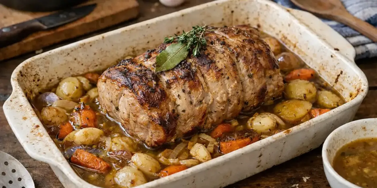 Un savoureux roti de porc au four, doré et juteux, mijotant avec des pommes de terre et des carottes dans un plat en céramique.