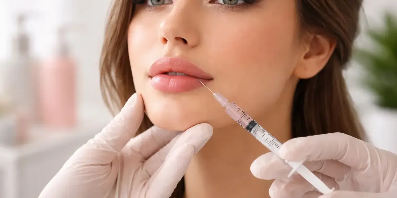 Primo piano di una donna che riceve un filler labbra. Si discute dei possibili lip plumper effetti collaterali.