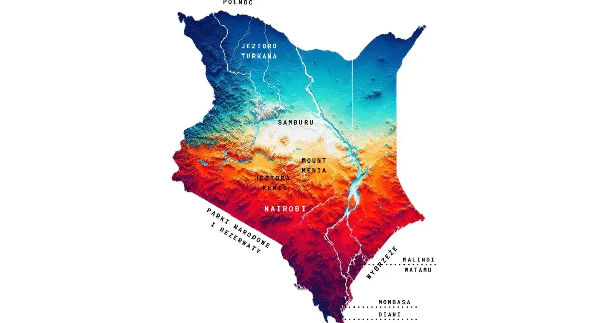 Mapa Kenii z zaznaczonymi jeziorami, górami i miastami. Pokazuje, gdzie leży Kenia, od Jeziora Turkana na północy po wybrzeże z Mombasą na południu.