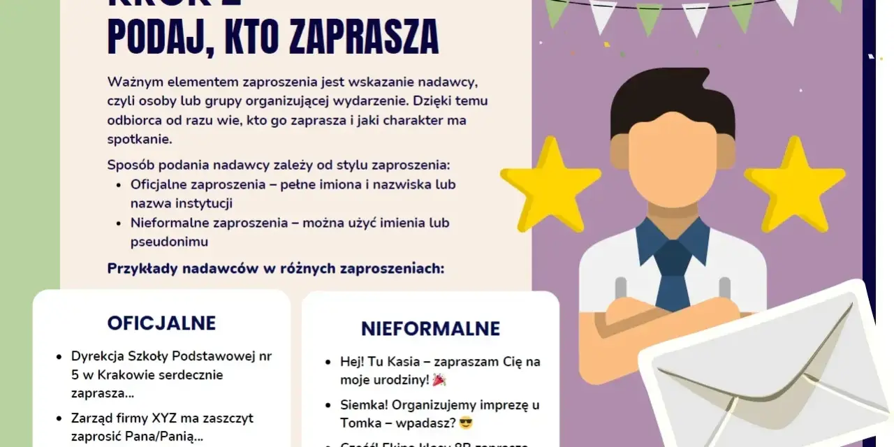 Jak się pisze zaproszenie? Krok 2: podaj, kto zaprasza. Oficjalne i nieformalne przykłady nadawców.