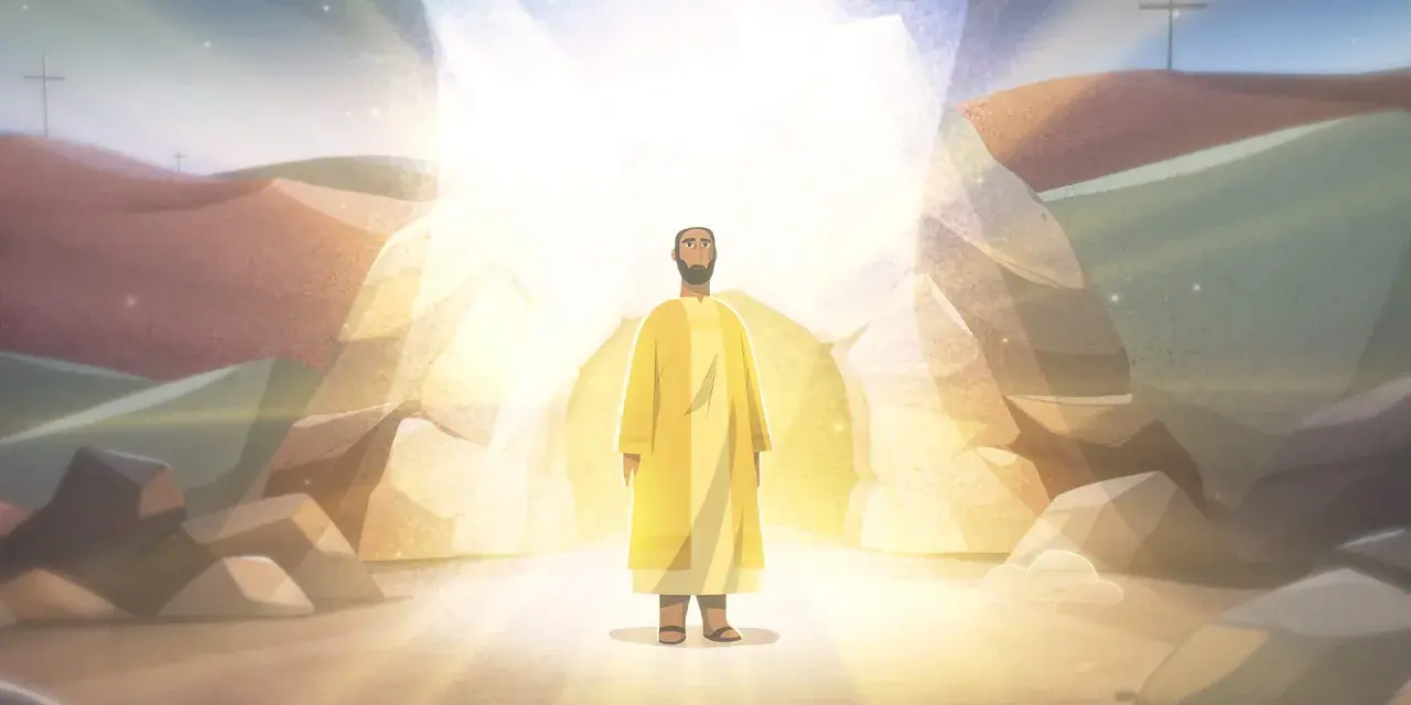 A man in a yellow robe stands in a bright, rocky cave, bathed in divine light. This scene evokes the 7th Sunday of Easter, a time of resurrection and hope.