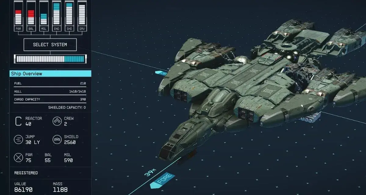 Una nave "Pelican" de Starfield, con detalles de sus sistemas y estadísticas.