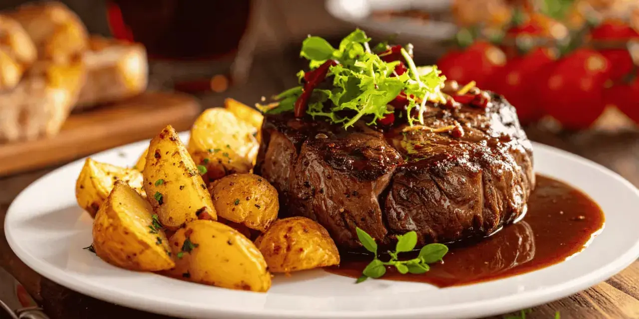 Un plat appétissant de filet mignon de porc, accompagné de pommes de terre rôties et d'une sauce riche. Parfait pour des recettes de filet mignon de porc.