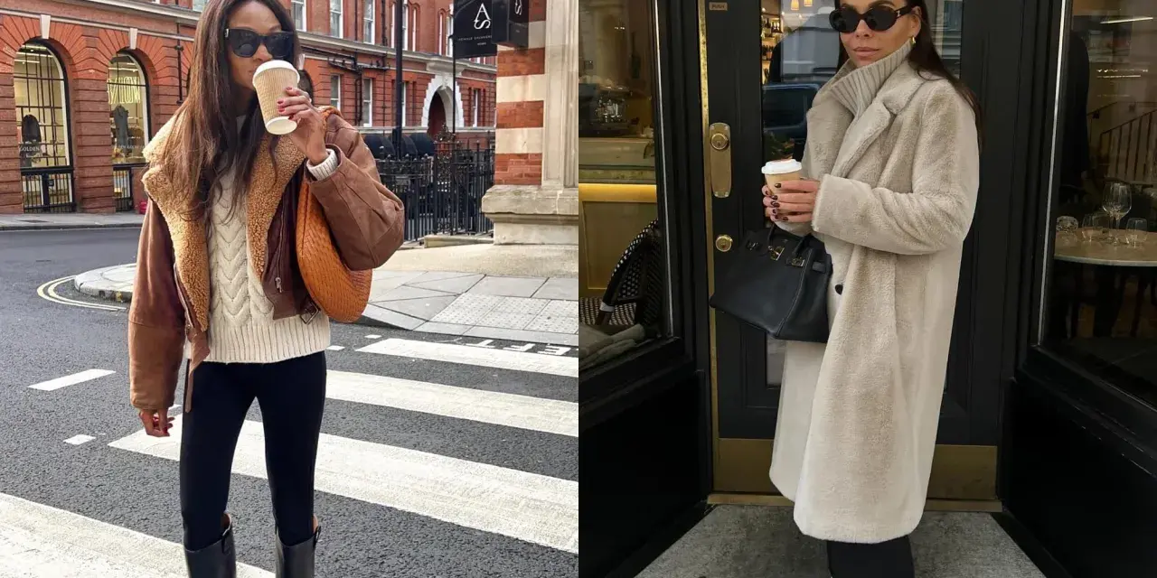 Deux femmes présentent des tenues d'hiver élégantes, parfaites pour un entretien d'embauche. L'une porte un blouson en cuir marron et un pull torsadé, l'autre un manteau long en fausse fourrure beige.