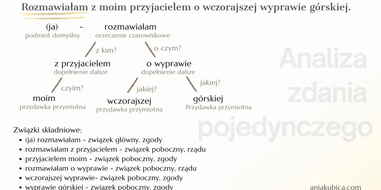 Schemat analizy zdania pojedynczego: "Rozmawiałam z moim przyjacielem o wczorajszej wyprawie górskiej.