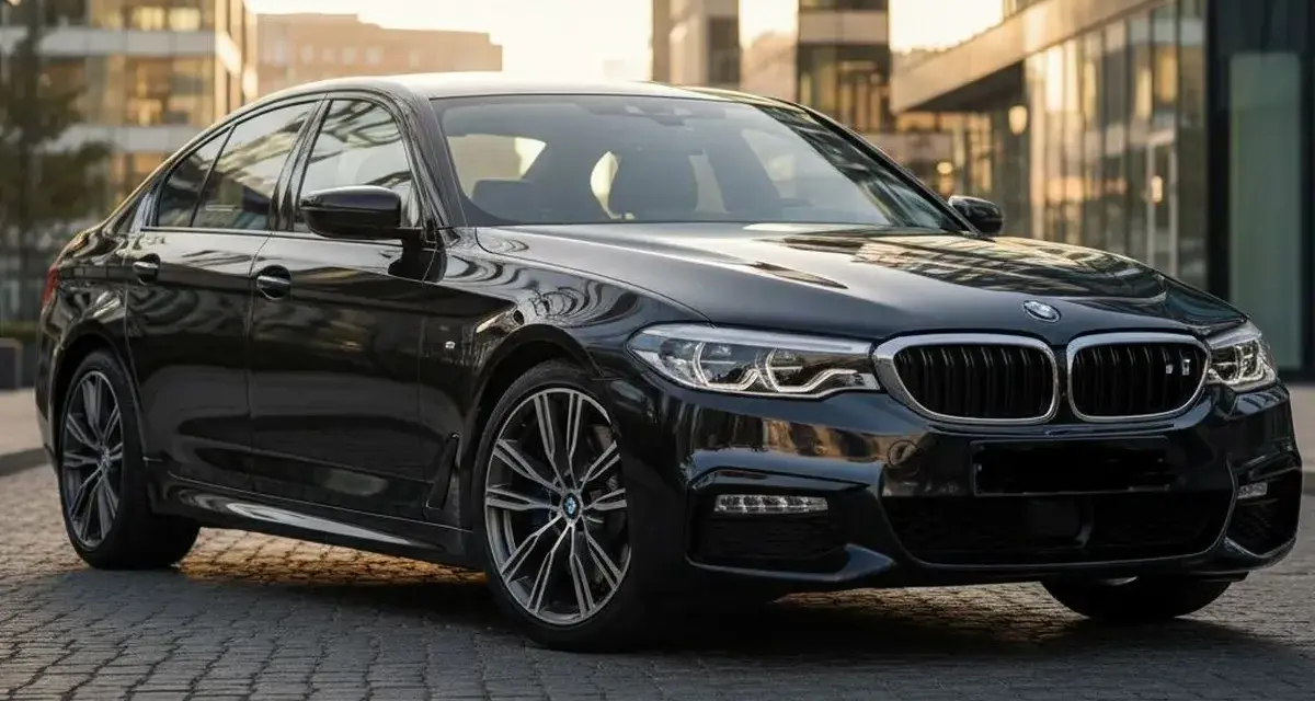 Eleganckie, czarne BMW M5 G30 lśni w słońcu na tle nowoczesnych budynków.