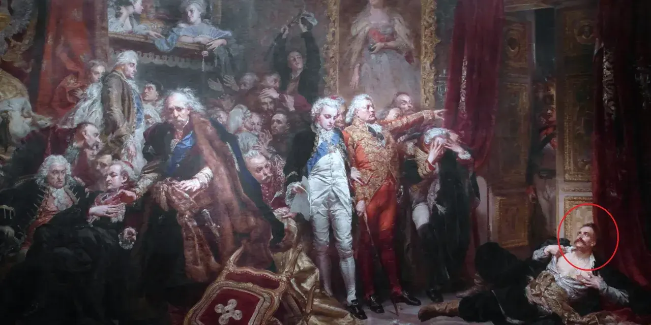 Tadeusz z obrazu Matejki, leżący na ziemi, z uniesioną głową i ręką na piersi, w otoczeniu innych postaci.