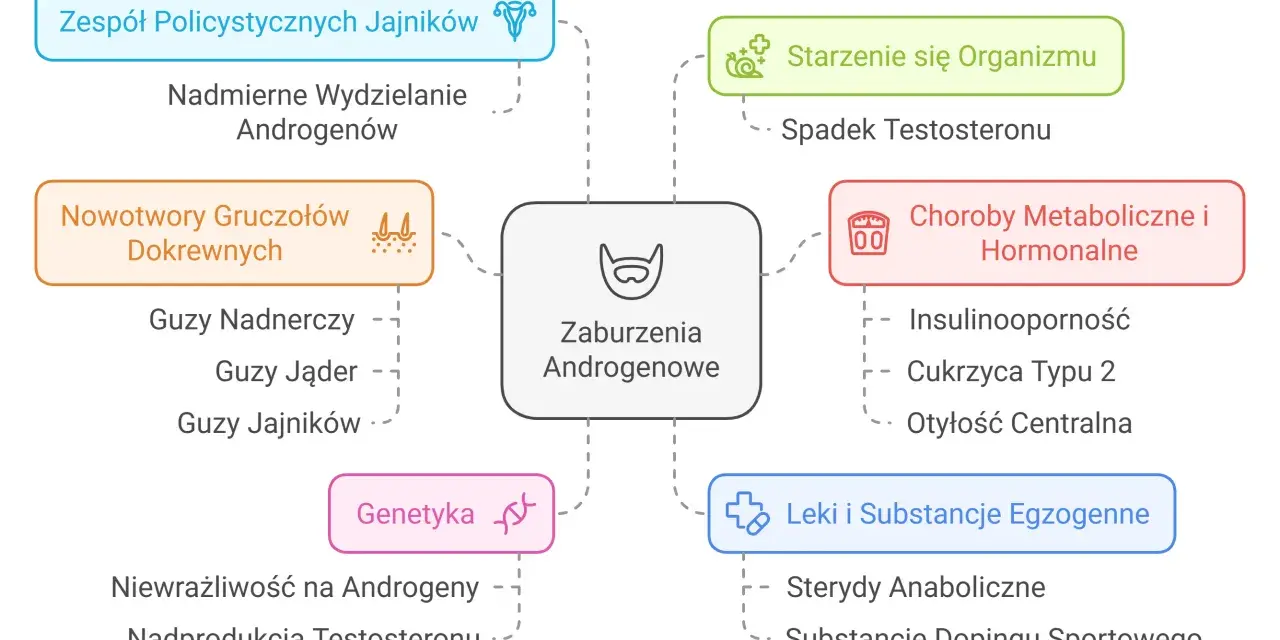 Mapa przyczyn zaburzeń androgenowych: PCOS, nowotwory, starzenie, choroby metaboliczne, genetyka, leki.