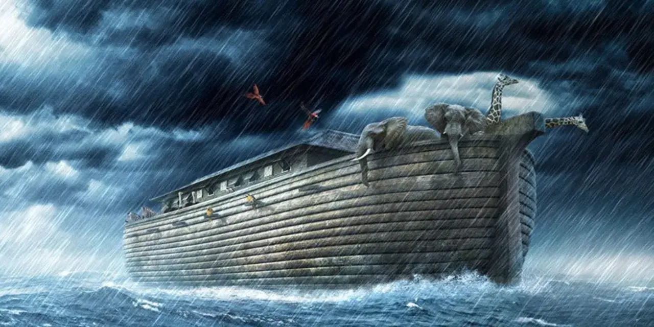 Noah's Ark, laden with animals like elephants and giraffes, braves a torrential downpour. The image evokes the long wait, wondering how long was Noah in the ark during the great flood.