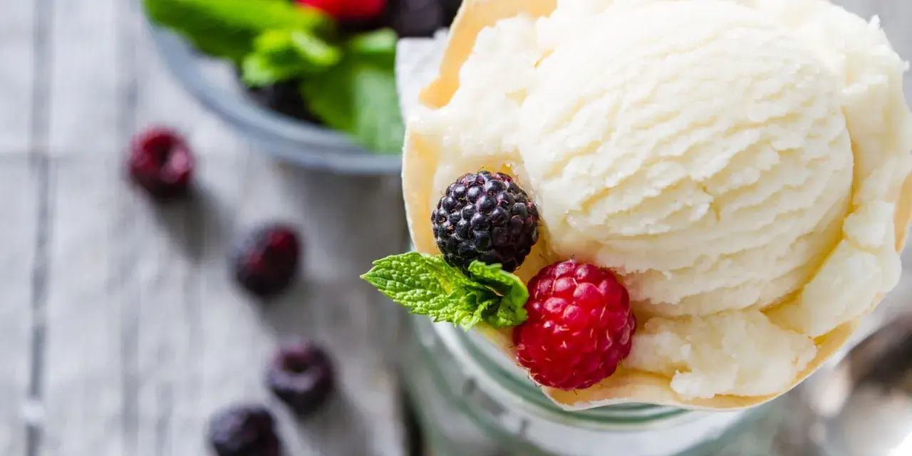 Cremiges Joghurteis selber machen: Eine Portion mit frischen Beeren und Minze, daneben eine Schüssel voller Brombeeren und Himbeeren.