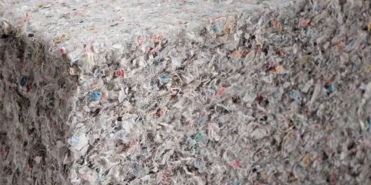 Materiały budowlane: celuloza ocieplenie z recyklingu, tworzące zwartą, włóknistą strukturę z kolorowymi fragmentami.