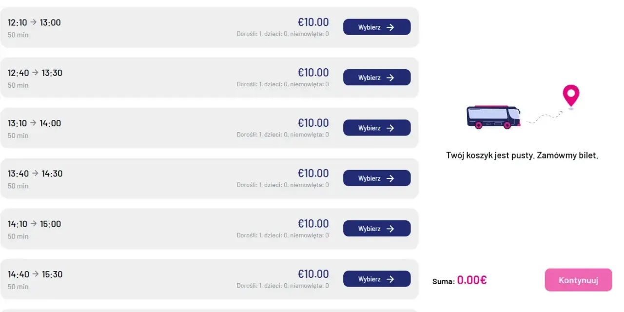 Rozkład jazdy autobusu z Bergamo do Mediolanu. Dostępne kursy co 30 minut, każdy za 10 euro.