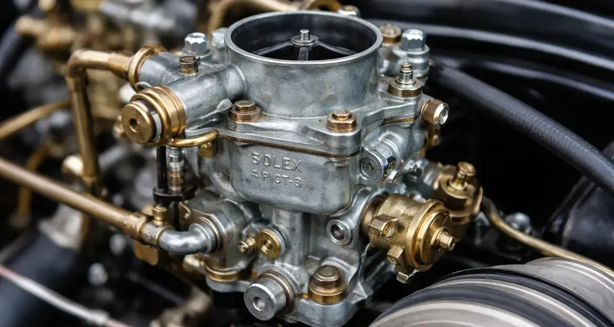 Dettaglio di un carburatore Solex per auto d'epoca, con tubi in ottone e finiture metalliche lucide.