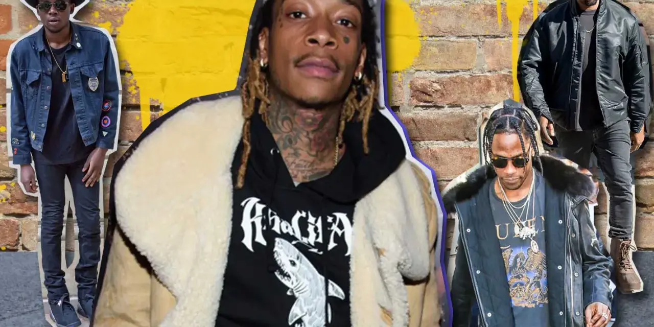 Wiz Khalifa, Travis Scott, Kanye West i inni raperzy w stylowych kurtkach, gotowi na uliczny vibe.