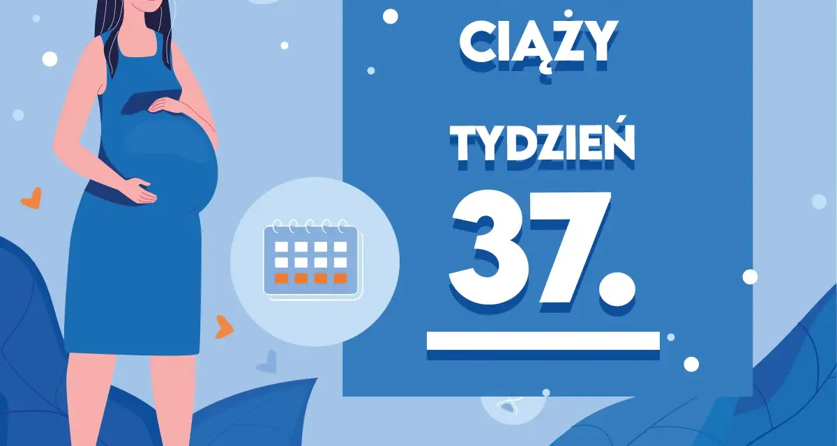 Kobieta w niebieskiej sukience, w 37 tygodniu ciąży, z kalendarzem.