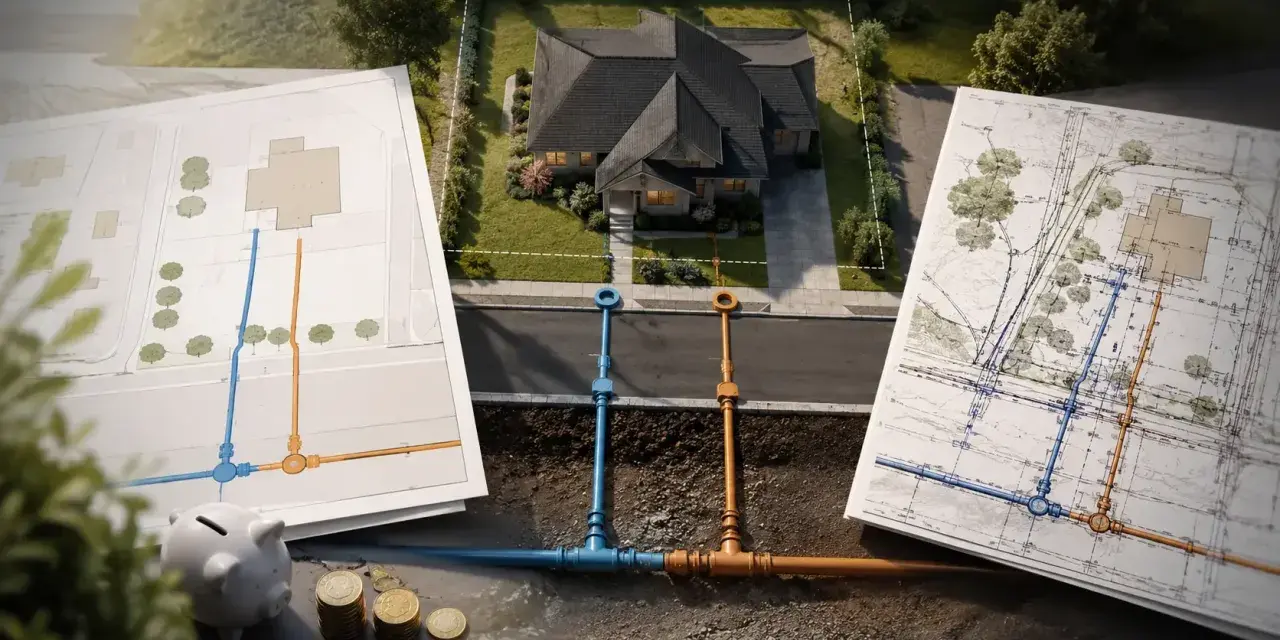 Schemat instalacji wodnej pokazuje jedno przyłącze wody na dwa domy. Obok skarbonka i monety sugerują oszczędności.