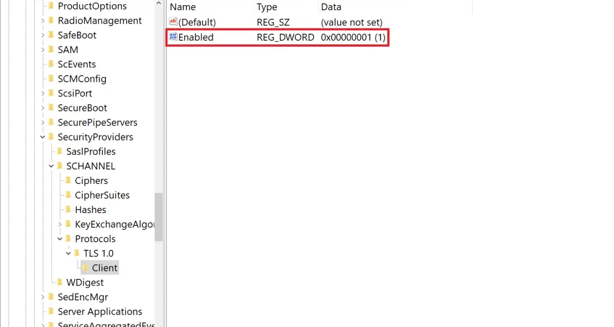 Registry Editor shows the "Enabled" DWORD value set to 1 under TLS 1.0\Client, indicating that TLS 1.2 is enabled.