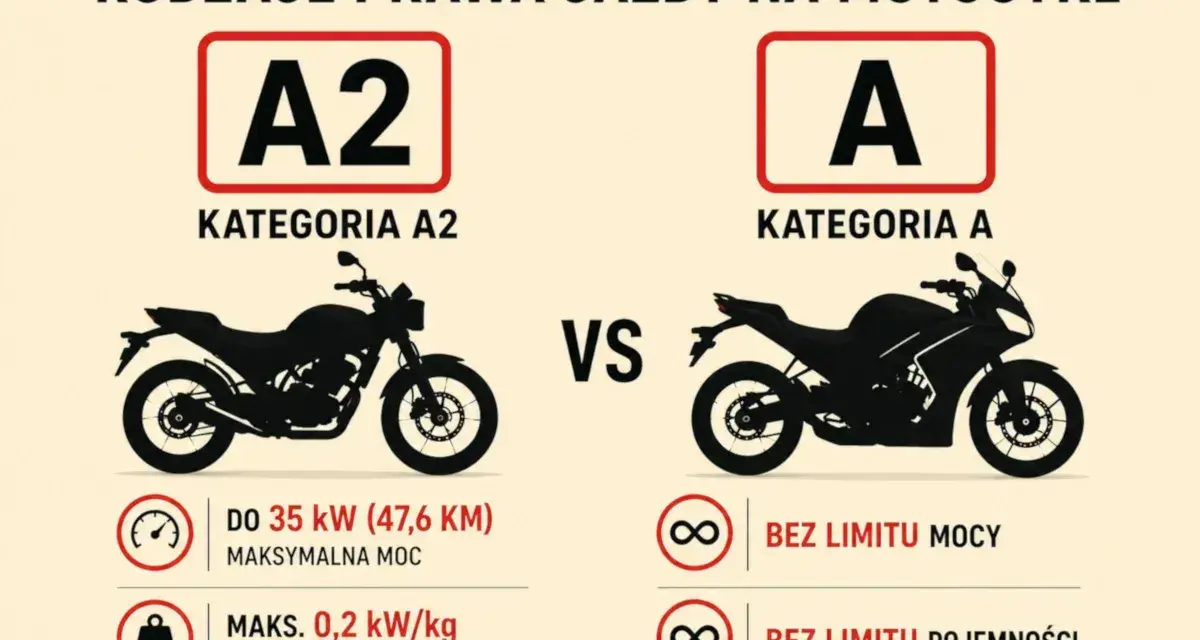 Porównanie kategorii prawa jazdy na motocykl: A2 (do 35 kW) vs A (bez limitu).